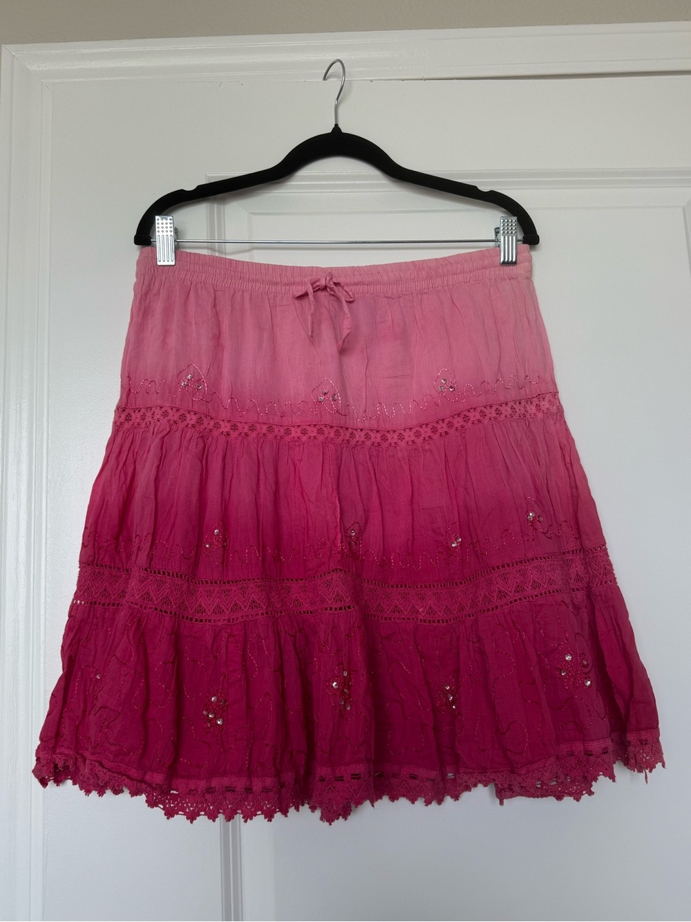 Y2K Pink Ombre Tiered Prairie Skirt Sequined Crochet Trim 100% Cotton